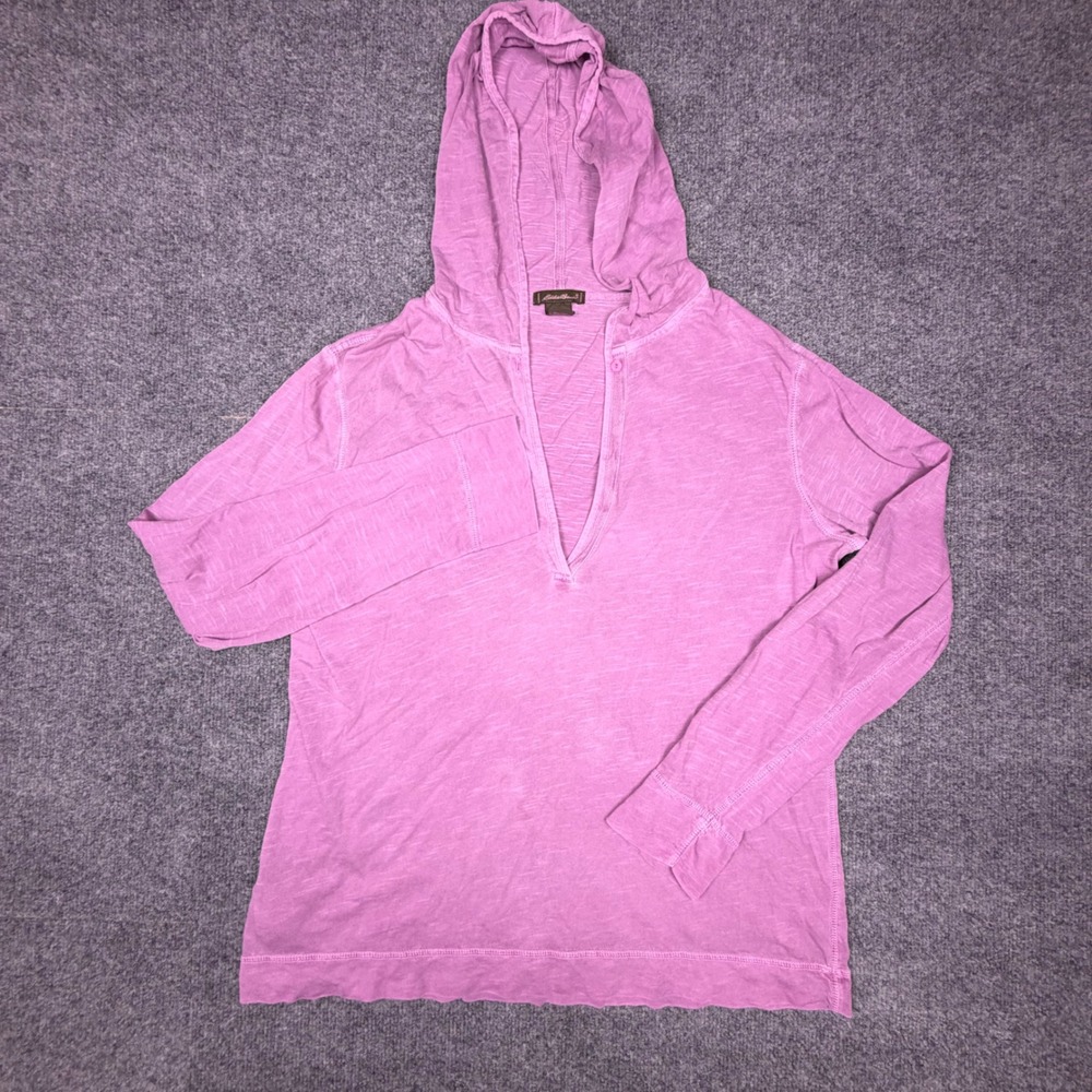 Eddie Bauer Womens Pink Purple Slub Knit Cotton V-Neck Pullover Hoodie Large